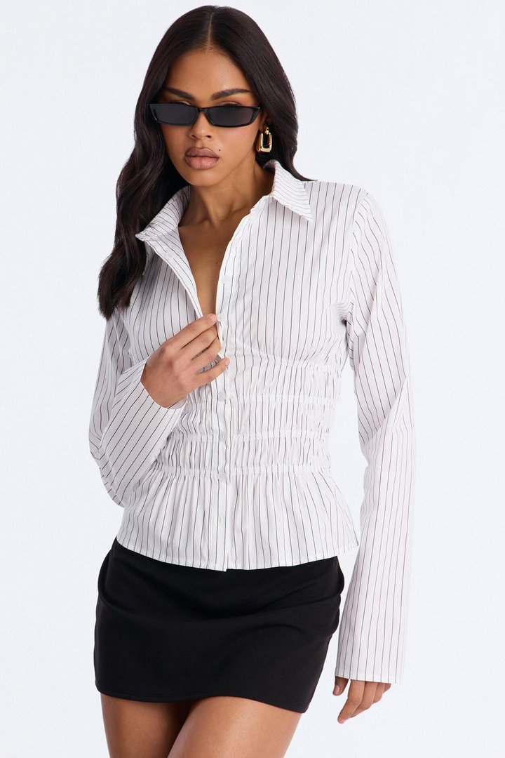 All In The Details Smocked Stripe Poplin Shirt - Black/combo