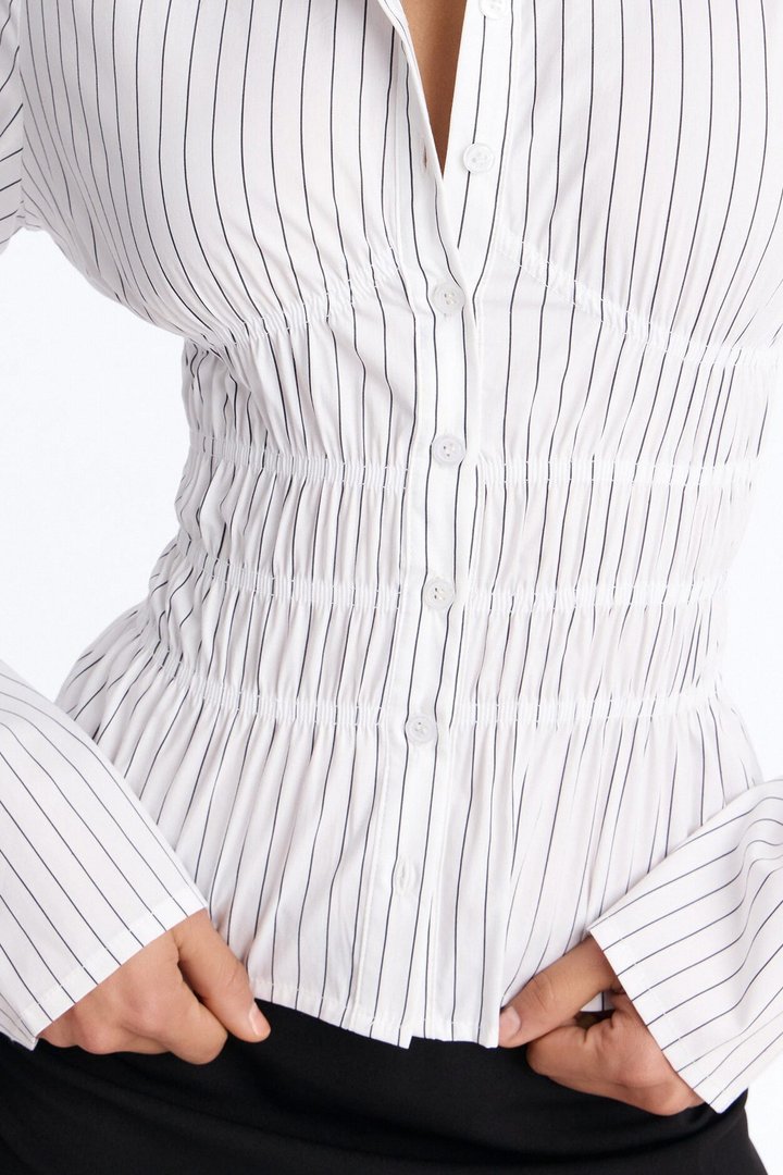 All In The Details Smocked Stripe Poplin Shirt - Black/combo