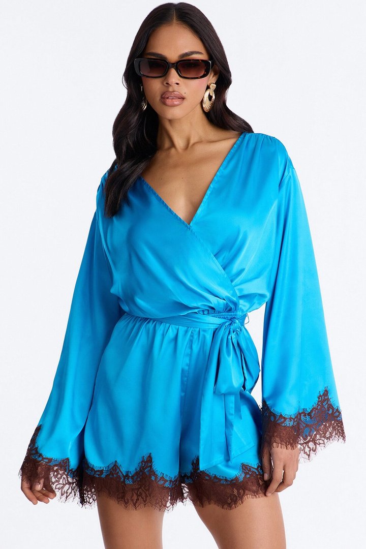 Cherie Satin Lace Trim Romper - Blue