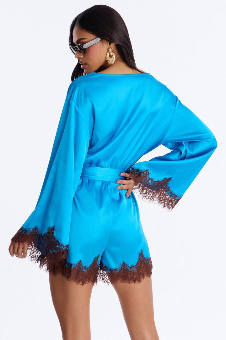 Cherie Satin Lace Trim Romper - Blue