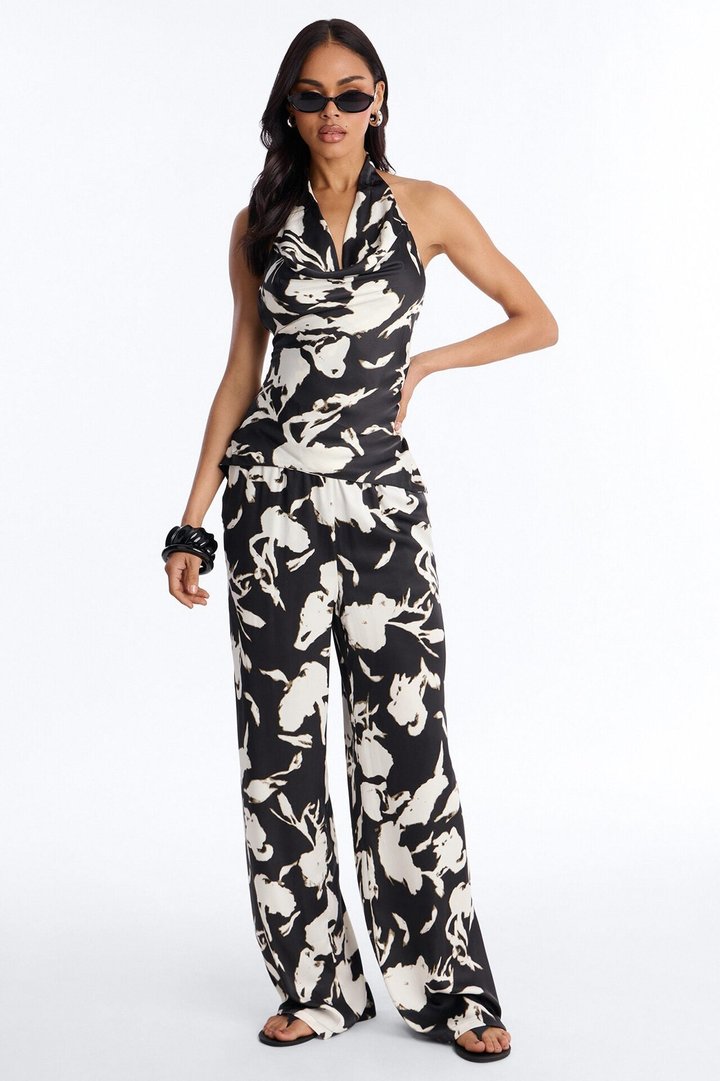 Isabelle Printed Halter Cowl Neck Pant Set - Black/combo