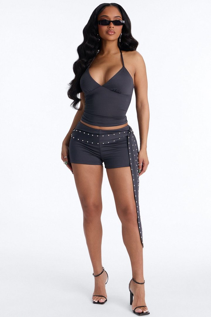 Belted Babe Micro Short Halter Set - Charcoal