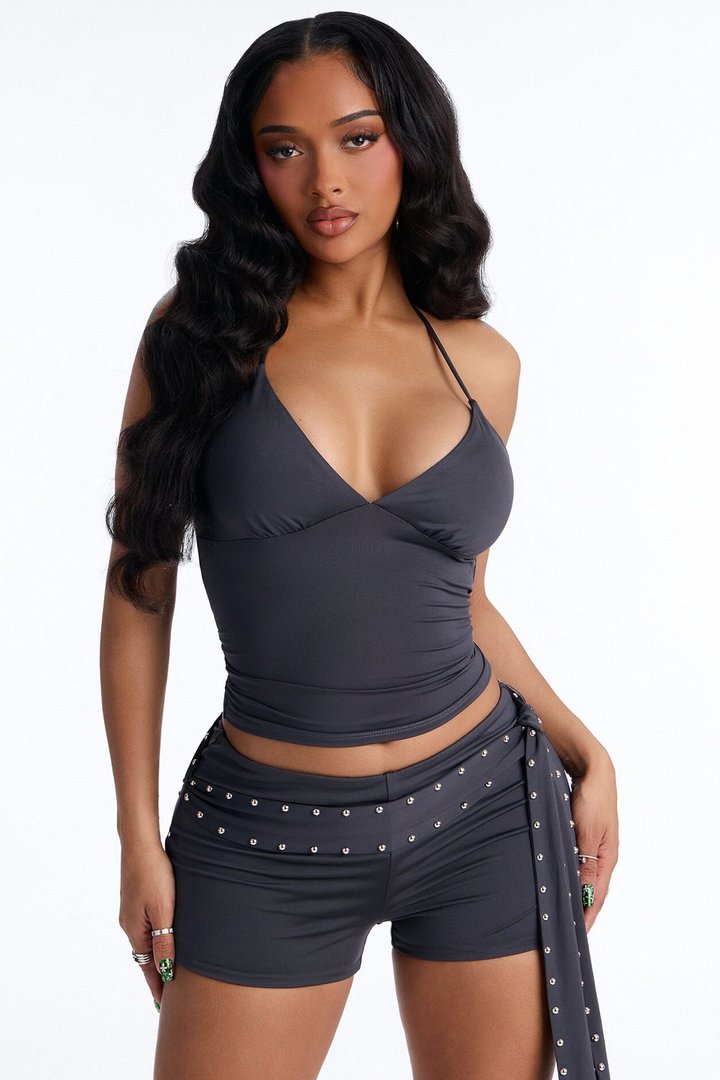 Belted Babe Micro Short Halter Set - Charcoal