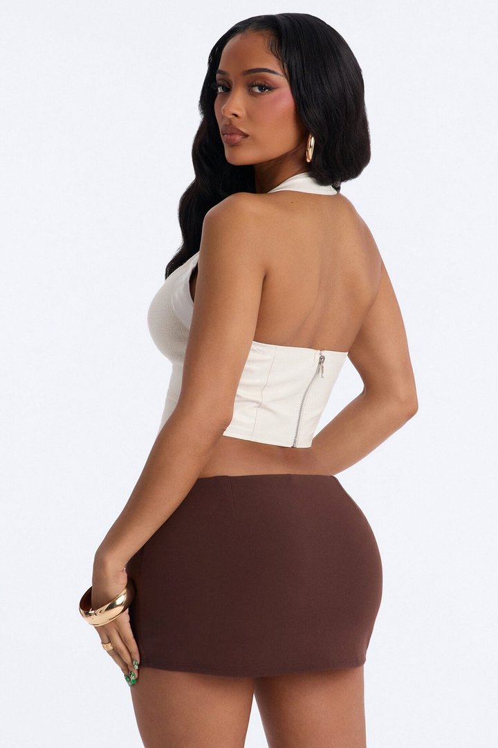 Call You Up Faux Leather Trim Sweater Halter Top - Cream
