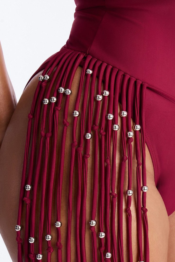 Wendy Fringe Cut Out 1 Piece Swimsuit - Burgundy