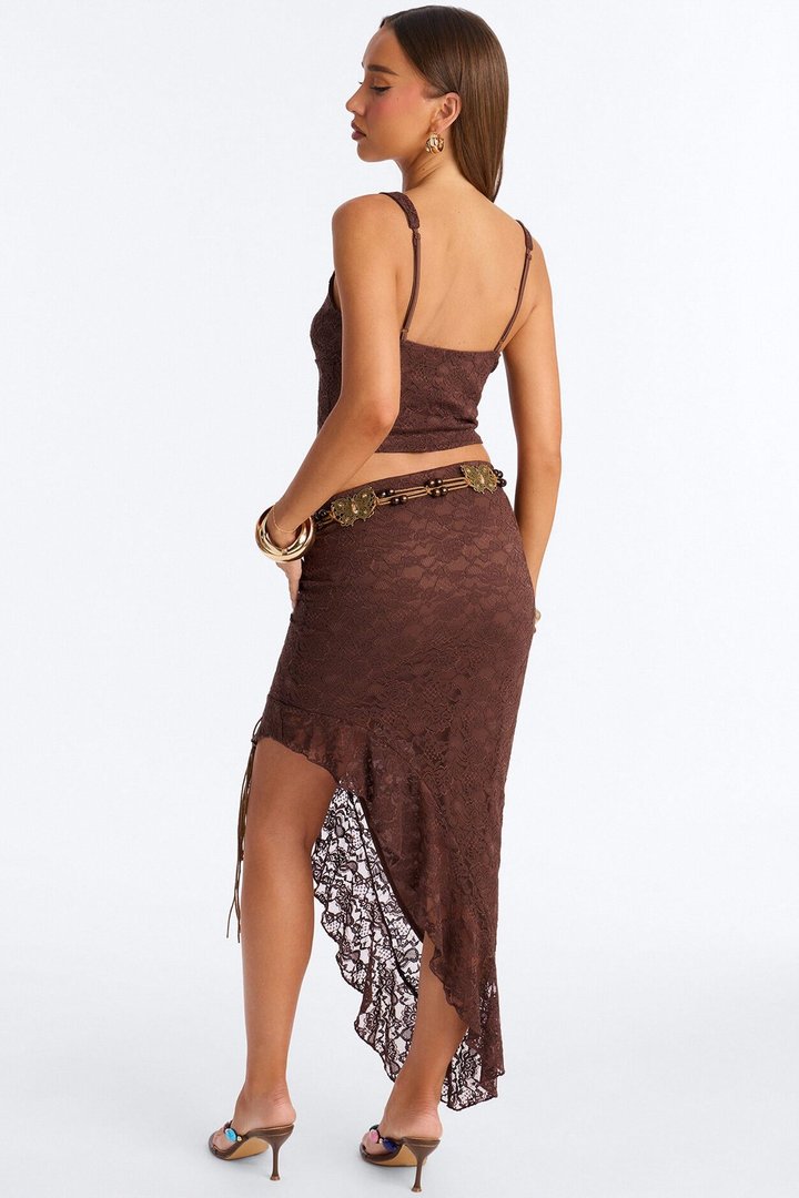 Boho Dreams Belted Lace Skirt Set - Chocolate