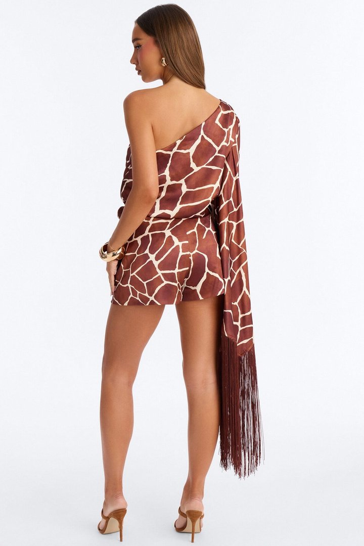Samara Satin Fringe Romper - Brown