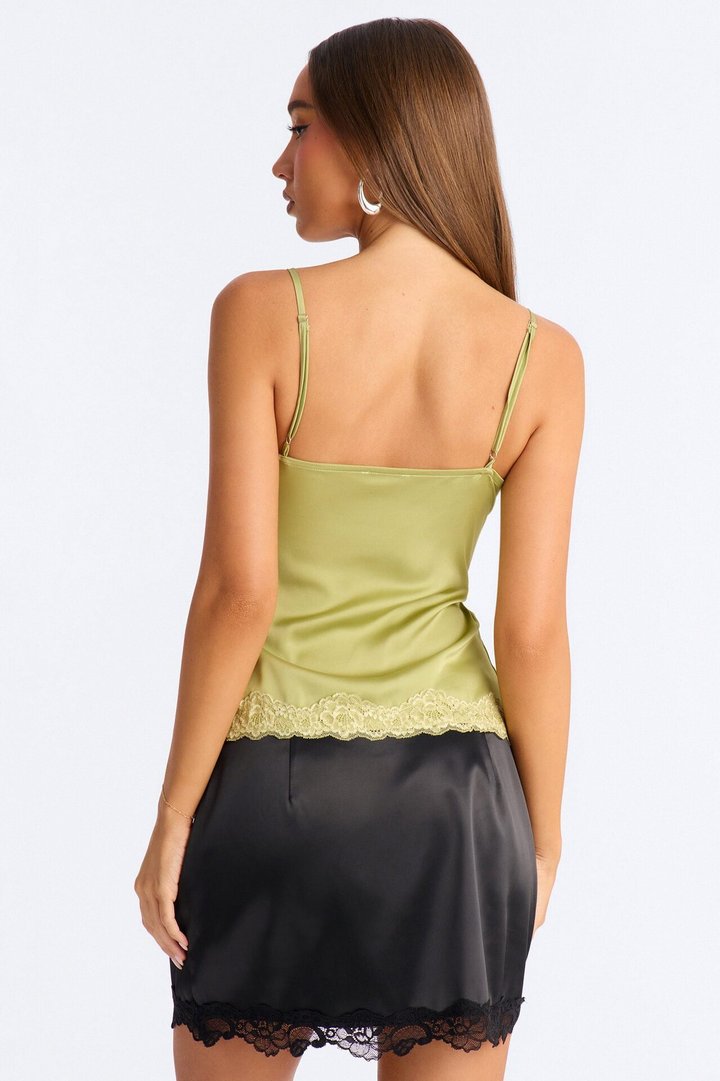 Caught In The Act Lace Trim Satin Flyaway Top - Green
