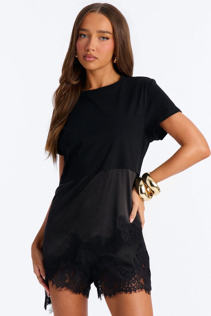 Mia Long Asymmetrical Lace Trim Short Sleeve T-Shirt - Black