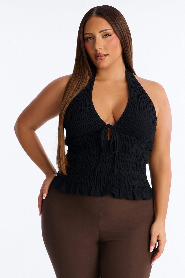 Gentle Mood Smocked Linen Halter Top - Black