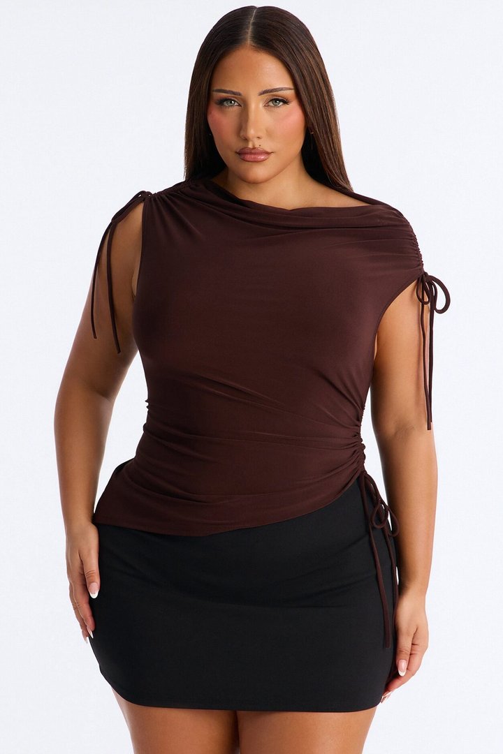 Taylor Drawstring Asymmetrical Short Sleeve Top - Chocolate