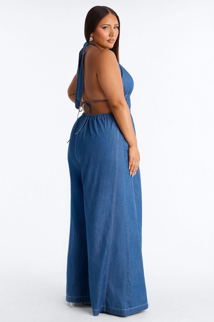 Bianca Backless Wide Leg Denim Jumpsuit - Medium Wash