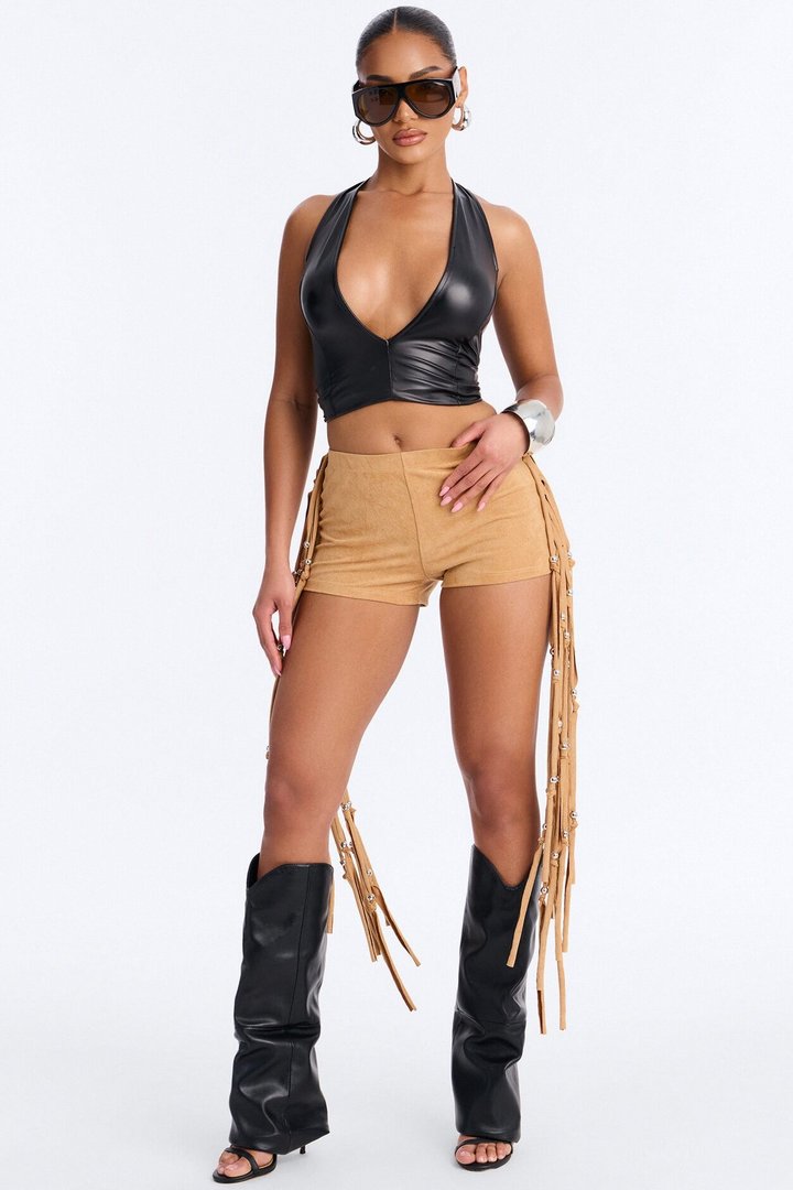 Indio Nights Beaded Fringe Trim Micro Short - Camel