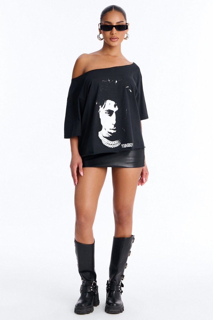 Youngboy Off Shoulder Chain Tee - Black