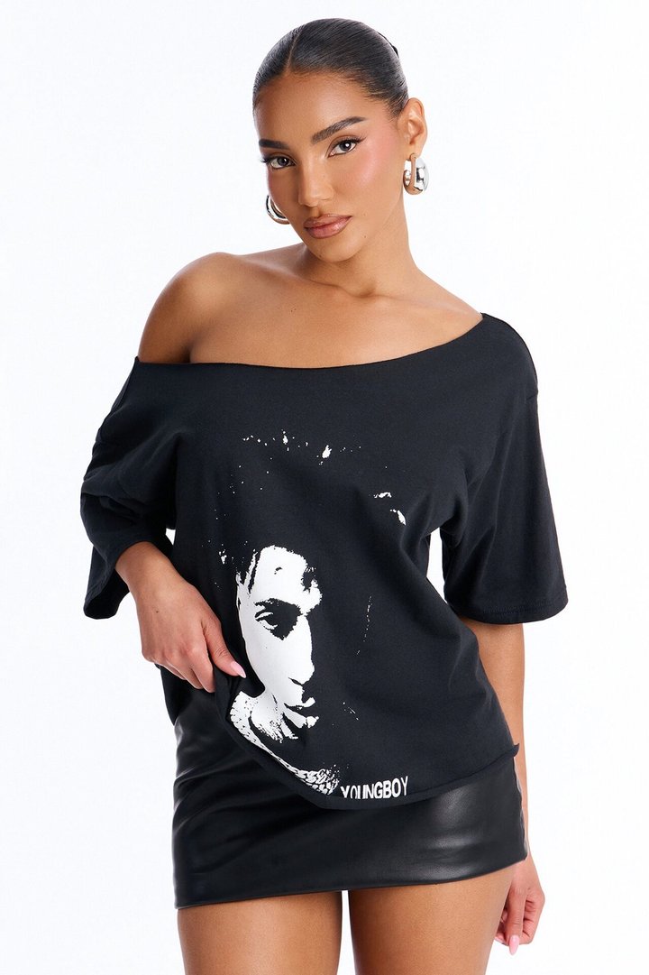 Youngboy Off Shoulder Chain Tee - Black