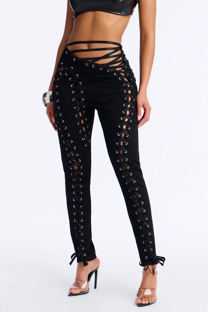 Bad Influence Lace Up Skinny Jeans - Black