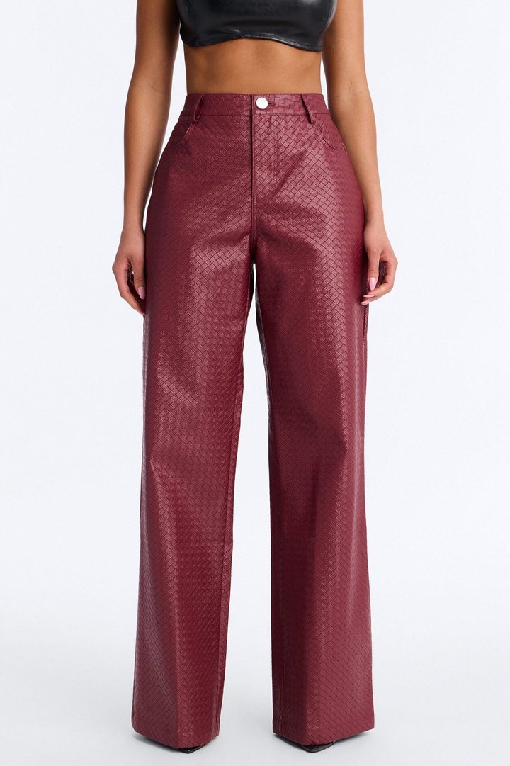 Jewel Mid Rise Weave Embossed Faux Leather Wide Leg Pant - Wine