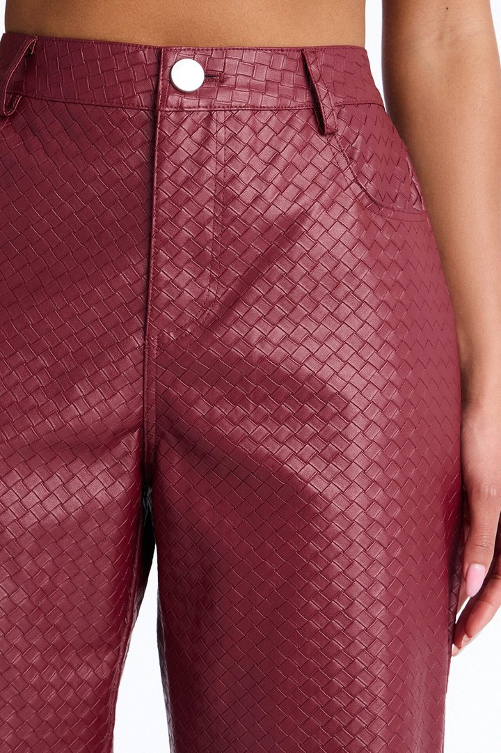 Jewel Mid Rise Weave Embossed Faux Leather Wide Leg Pant - Wine