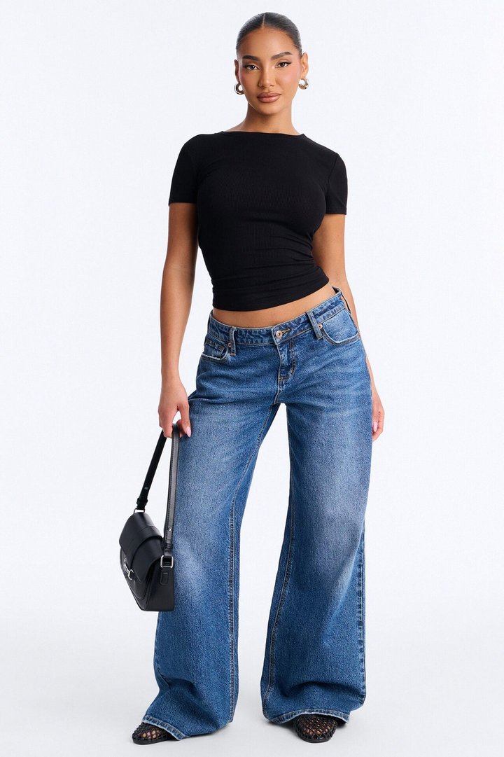 Cassie Basic Ribbed Crew Neck Top - Black