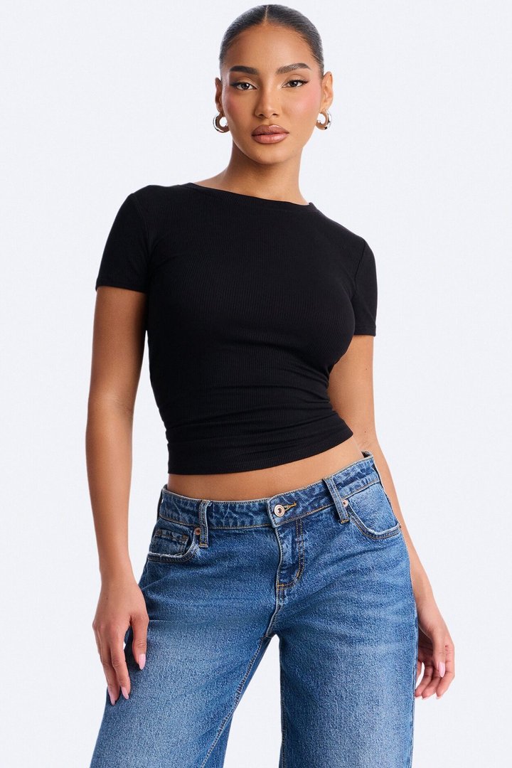 Cassie Basic Ribbed Crew Neck Top - Black