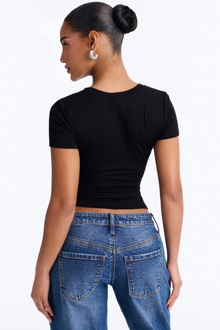 Cassie Basic Ribbed Crew Neck Top - Black