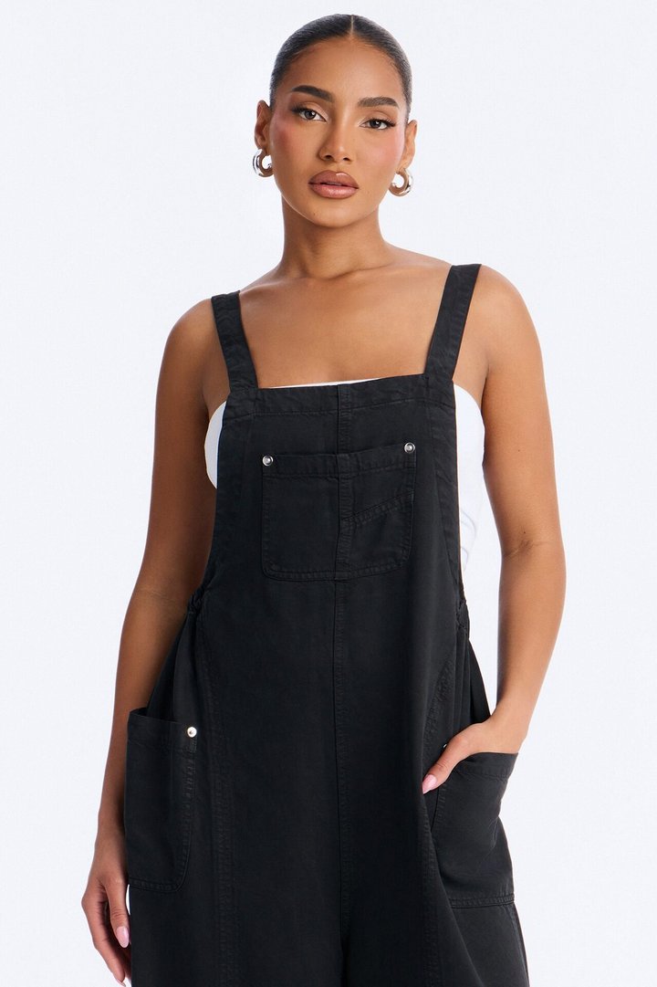 In Too Deep Drapey Denim Overalls - Black