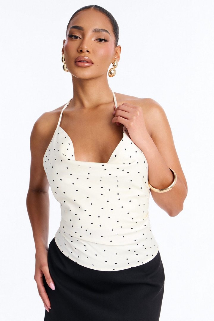 Flirty Plans Polka Dot Satin Halter Top - White/combo