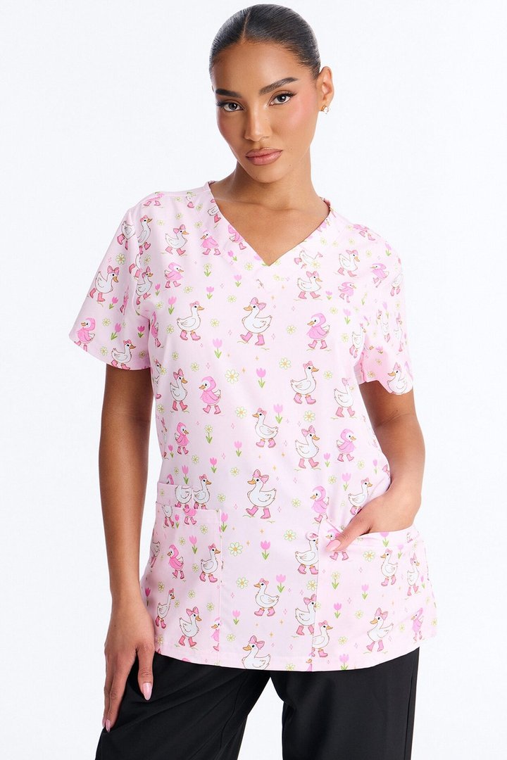 Spring Duckling Scrub Top - Pink/combo