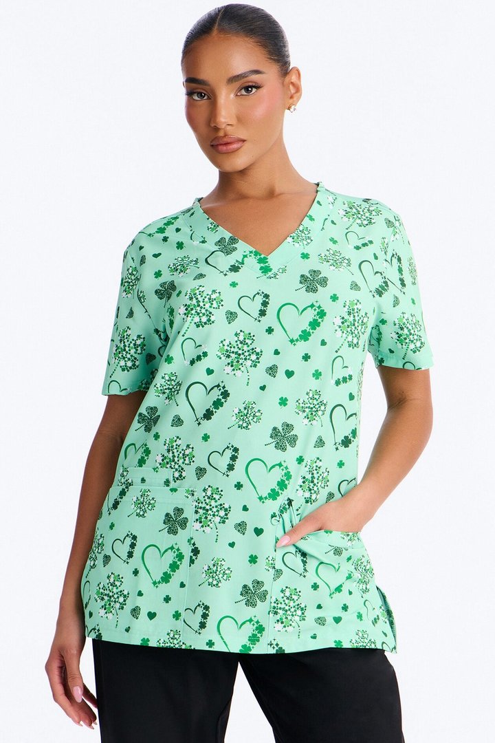 Lucky In Love Scrub Top - Green/combo