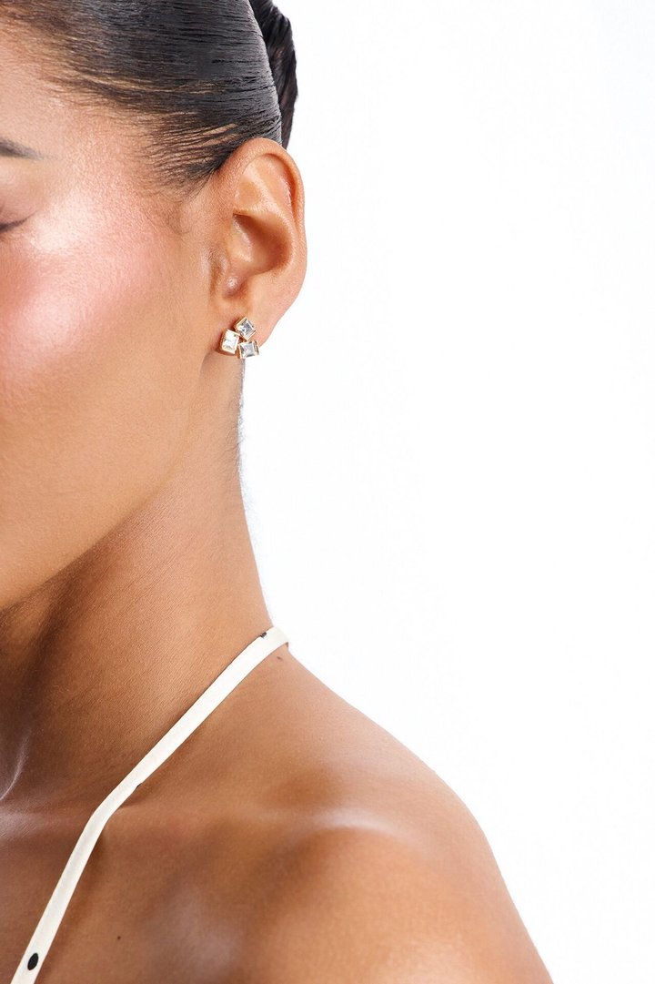 Triple Rhinestone Stud Earrings - Gold