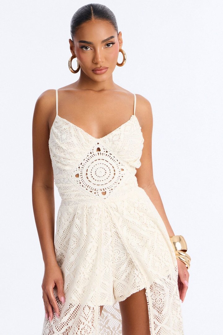 Flower Child Crochet Draped Romper - Cream
