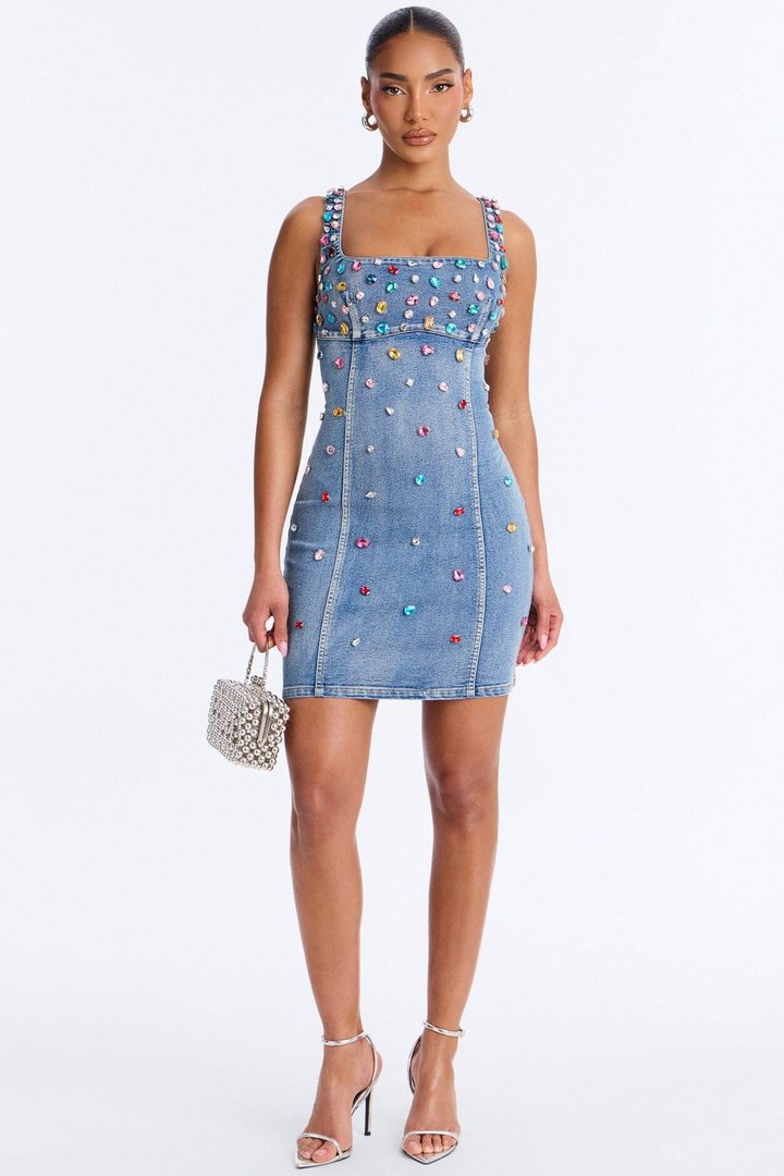 What A Gem Rhinestone Denim Mini Dress - Denim