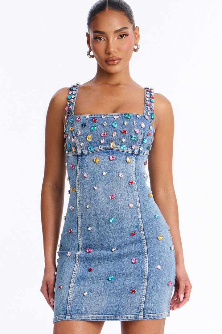What A Gem Rhinestone Denim Mini Dress - Denim