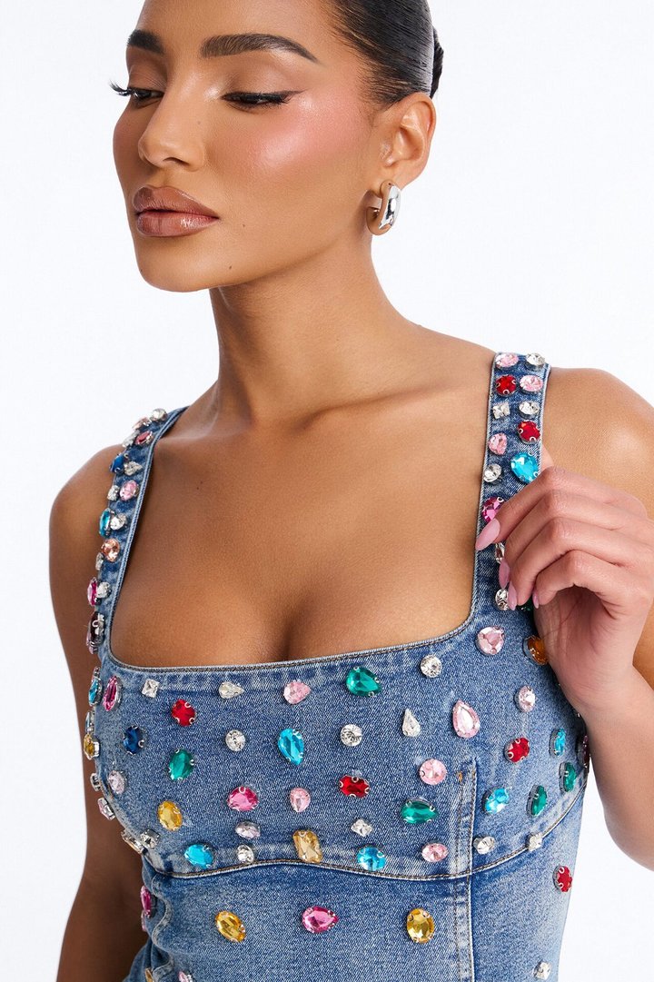 What A Gem Rhinestone Denim Mini Dress - Denim
