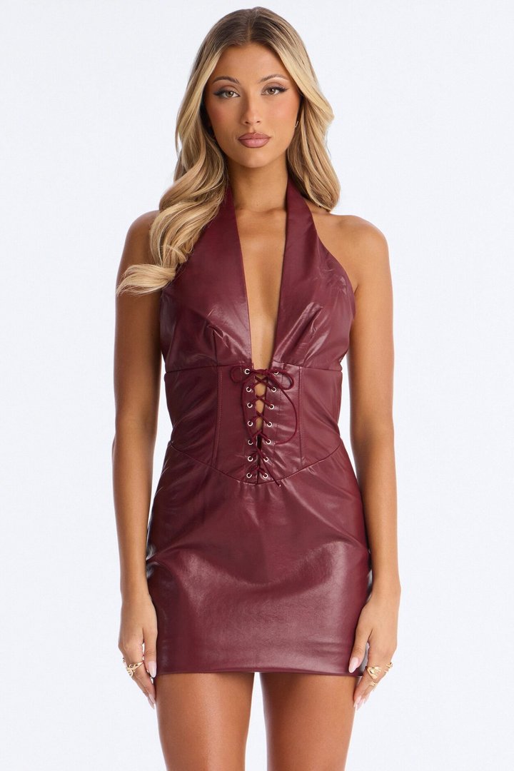 Electric Faux Leather Mini Dress - Wine