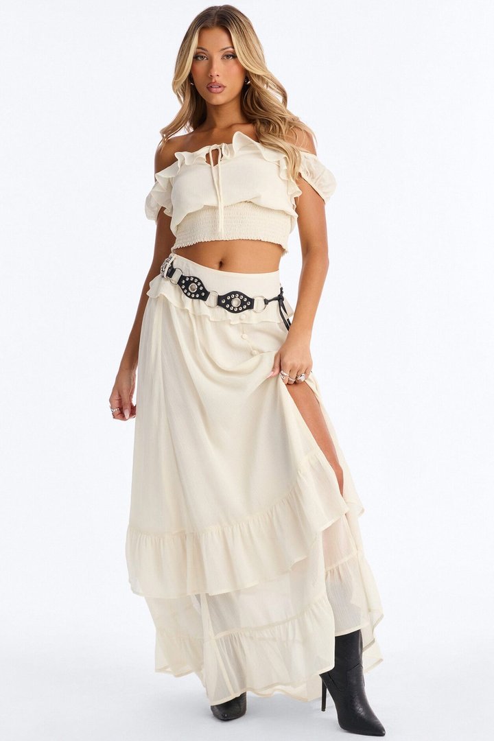 Odessa Ruffle Belted Maxi Skirt Set - Cream