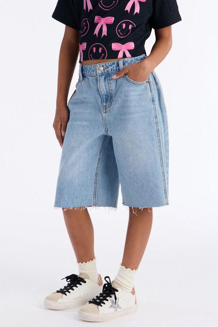 Mini Aleksa Pleated Non Stretch Denim Jorts - Light Wash