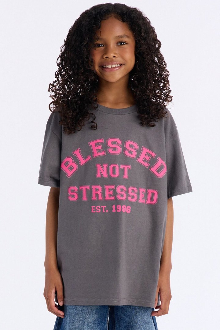 Mini Blessed Not Stressed Short Sleeve Tee - Charcoal