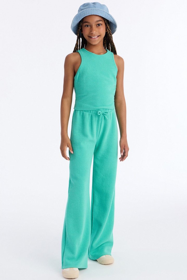 Mini Alana Textured Wide Leg Pant Set - Aqua
