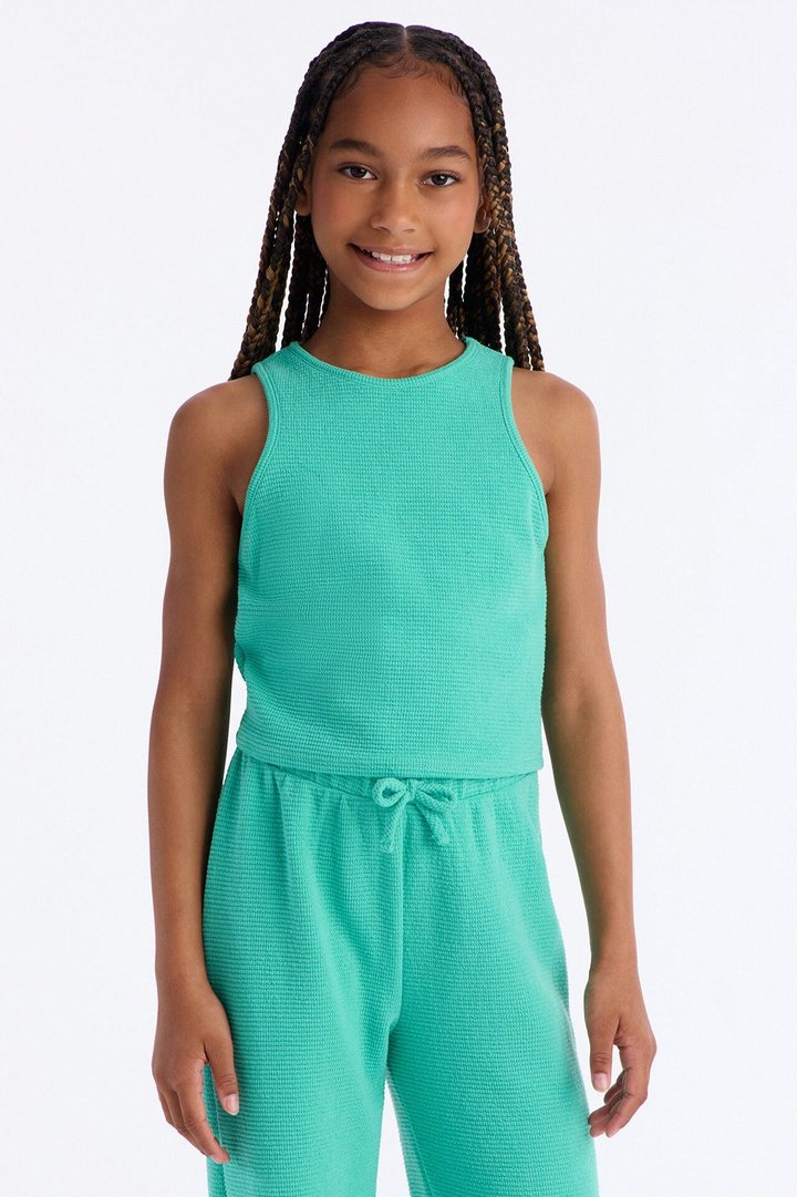 Mini Alana Textured Wide Leg Pant Set - Aqua