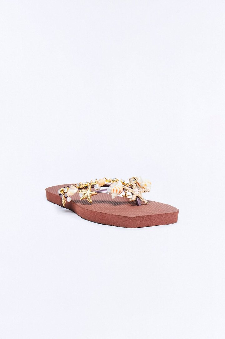 Sea Goddess Seashell Flip Flops - Brown