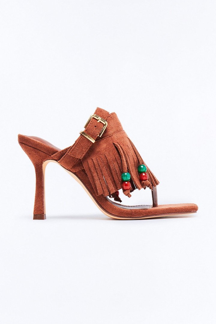 Nettie Fringe Thong Heels - Brown