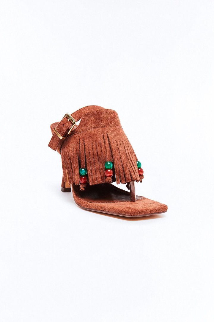 Nettie Fringe Thong Heels - Brown