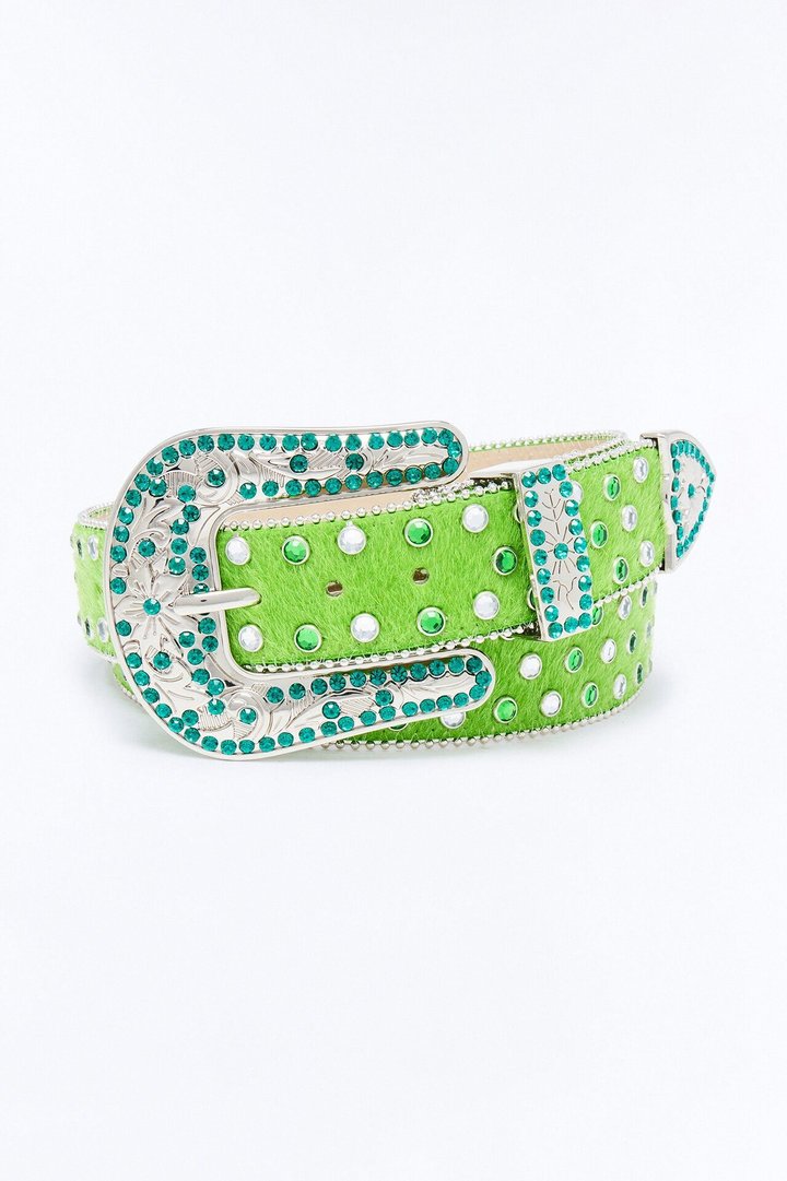 Rhinestone Embellished Faux Pony Hair Western Buckle Belt - Green