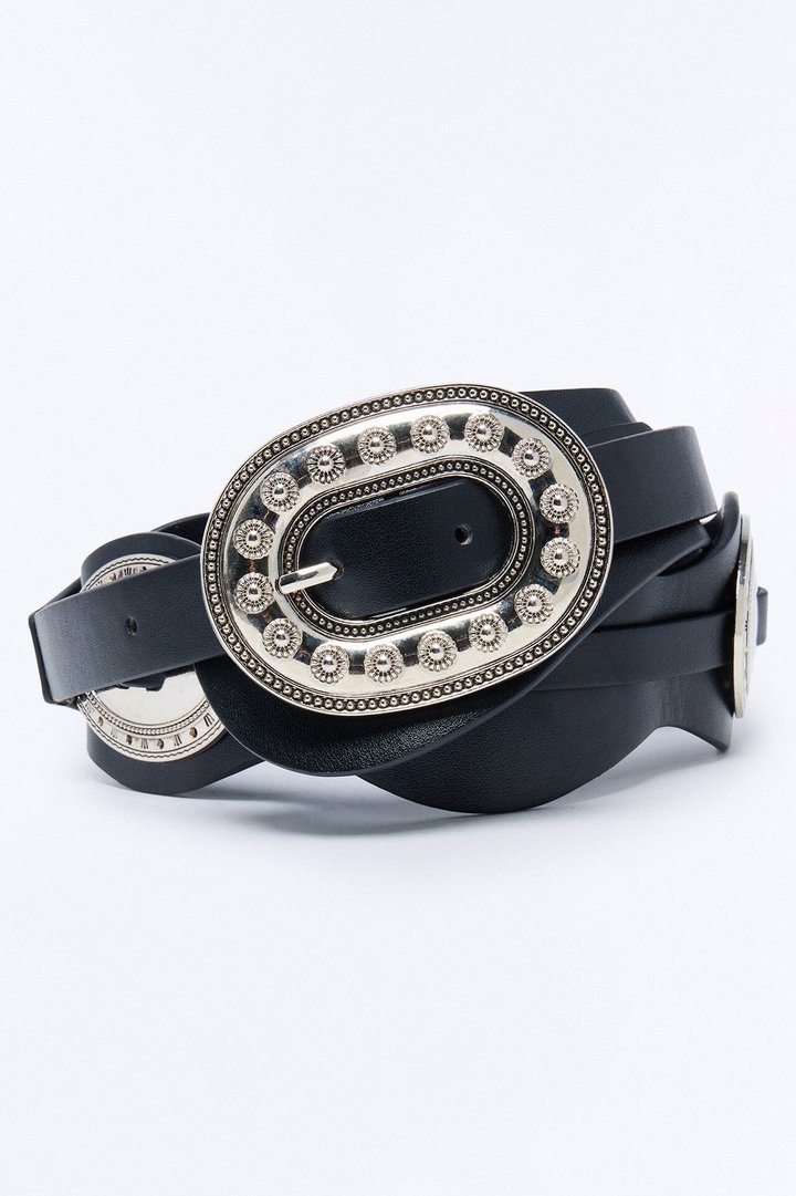 Western Wave Faux Leather Belt - Silver/Black