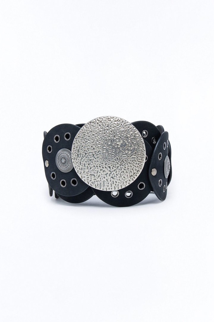 Moon Craters Wide Faux Suede Belt - Black/Silver
