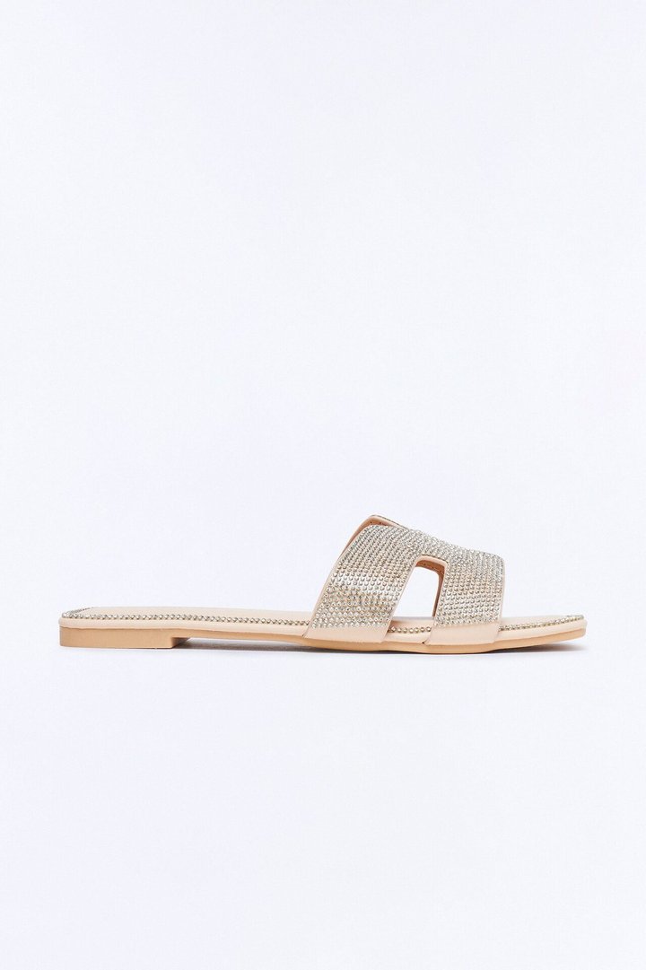 Marta Rhinestone Slip On Sandals - Beige