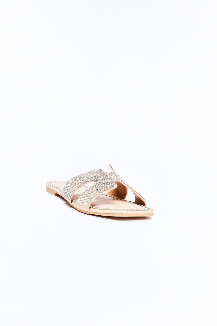 Marta Rhinestone Slip On Sandals - Beige