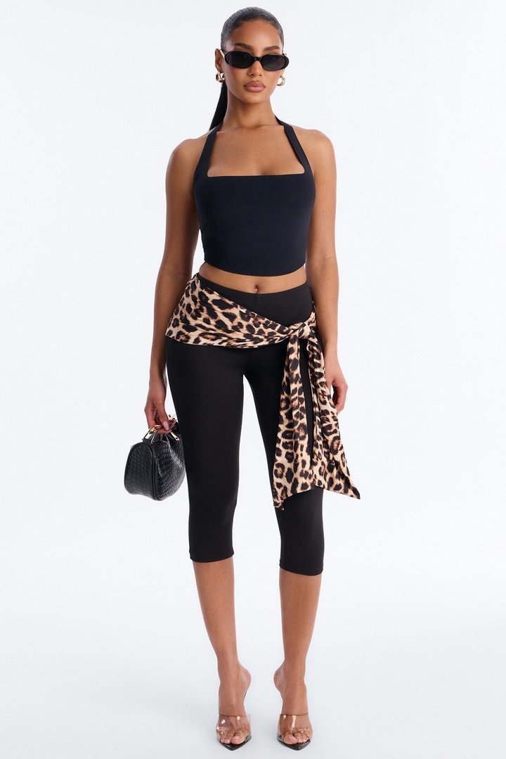 Kiah Low Rise Leopard Tie Waist Capri Legging - Black/combo