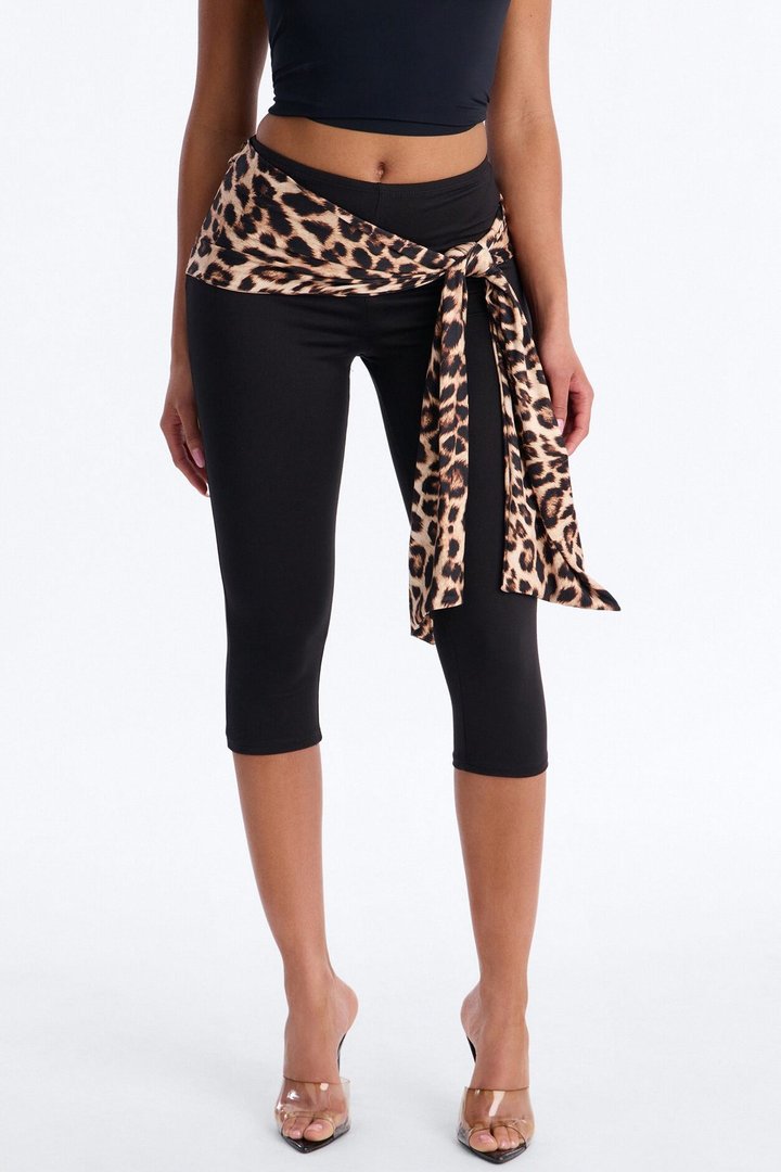 Kiah Low Rise Leopard Tie Waist Capri Legging - Black/combo